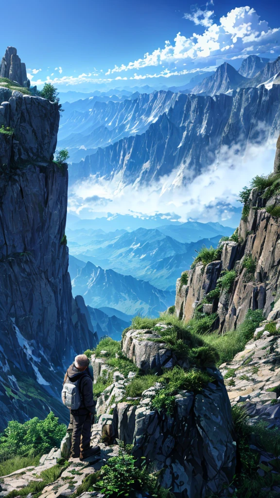  guy standing on a rock looking out over the mountains, on the top of a mountain, on top of a mountain, looking at the mountains, at the top of a mountain, in mountains, standing atop a dusty mountaintop, man standing facing away, standing alone, standing on mountain, sitting on rocks, high in mountains(man seeing greenery view)(bright blue shinning sky)(borkeh effect)