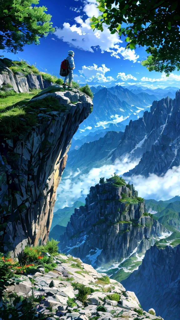guy standing on a rock looking out over the mountains, on the top of a mountain, on top of a mountain, looking at the mountains, at the top of a mountain, in mountains, standing atop a dusty mountaintop, man standing facing away, standing alone, standing on mountain, sitting on rocks, high in mountains(man seeing greenery view)(bright blue shinning sky)(borkeh effect)