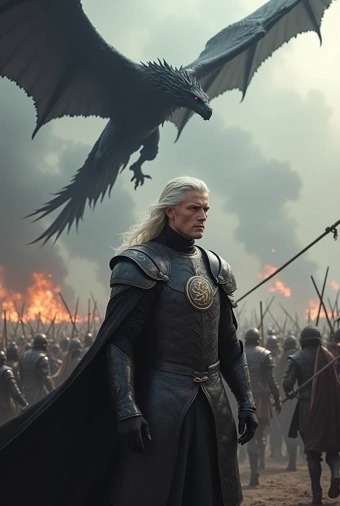 Create a detailed image of Aegon Targaryen on the battlefield and with his black dragon flying in the sky