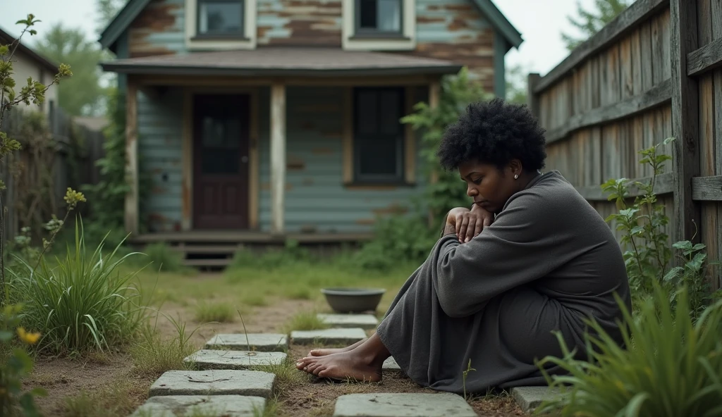 Unhappy black woman sitting in backyard of her old house