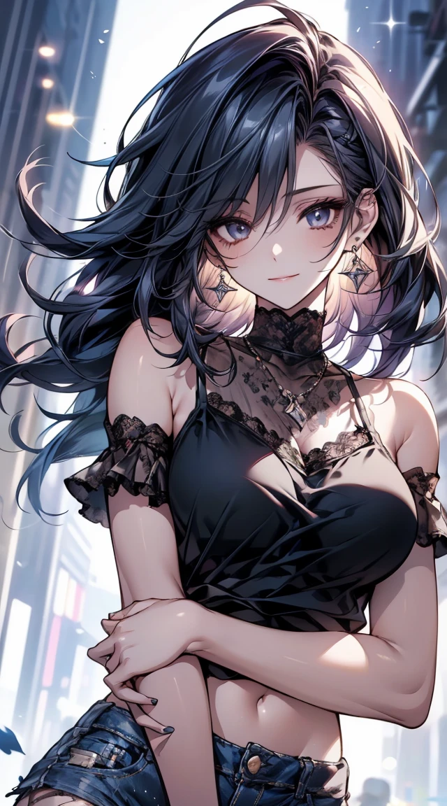 highest quality, clear and well-groomed face, Clear, bright and shining eyes, long eyelashes, Depth of bounds written, detailed eye, ((CG illustration)), ((face focus)), ((masterpiece)), ((8K)), ((super detailed)), ((Super high quality)), ((cinematic)), ((Photoreal)), ((close up shot)), (solo), (cool girl), very long hair, straight hair, (((thin body))), Glossy skin, ((look away)), (Beautiful goth girl with high cheeks and legs), Gothic makeup, clear eyes, lipstick, dark eye shadow, choker, earrings, provoke, night, ((full moon)), ((Functional)), Lonely, Visual kei, ((pastel colour)), Unwound clothes, dark, silence