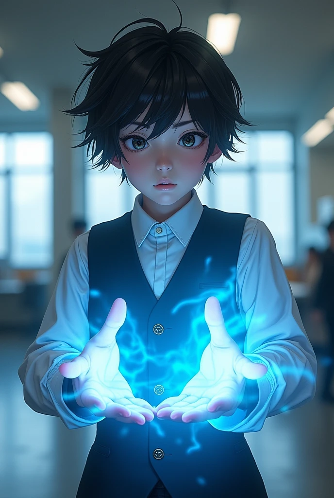 Generate a girl but she is a tomboy and short hair and wear corporate uniform and white face and have a blue aura in their hands and can do the martial arts