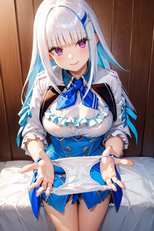 Highest quality, White stained panties,presentingpanties,blue panties, holding,holding panties,Big Breasts, A seductive smile