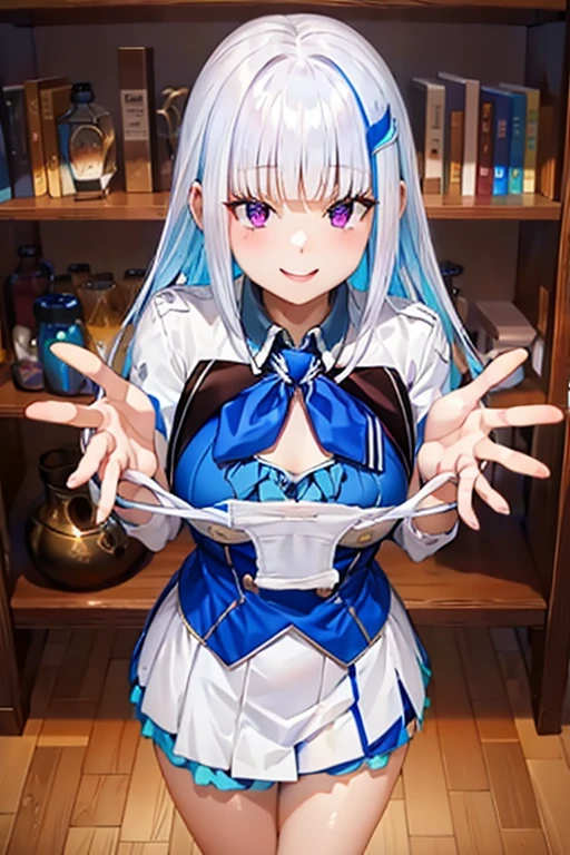 Highest quality, White stained panties,presentingpanties,blue panties, holding,holding panties,Big Breasts, A seductive smile,Splashing
