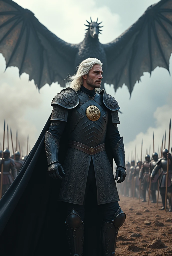 Create a detailed image of Aegon Targaryen on the battlefield and with his black dragon flying in the sky