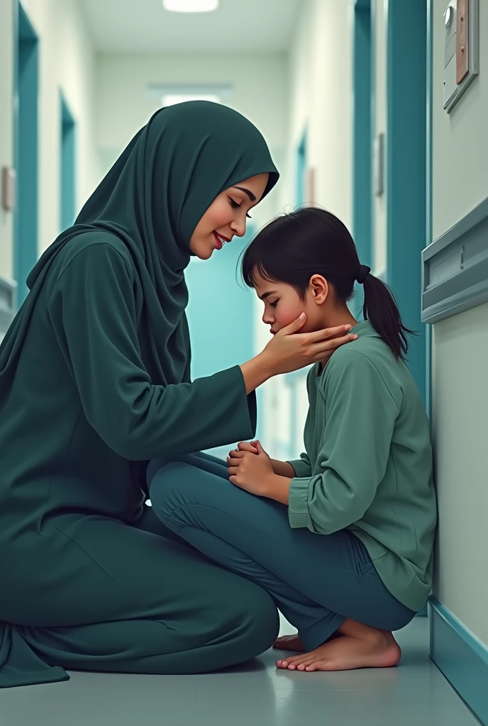 Muslim school teacher talking poor ager girl student who was crying badly with tears and shouting in the hospital
