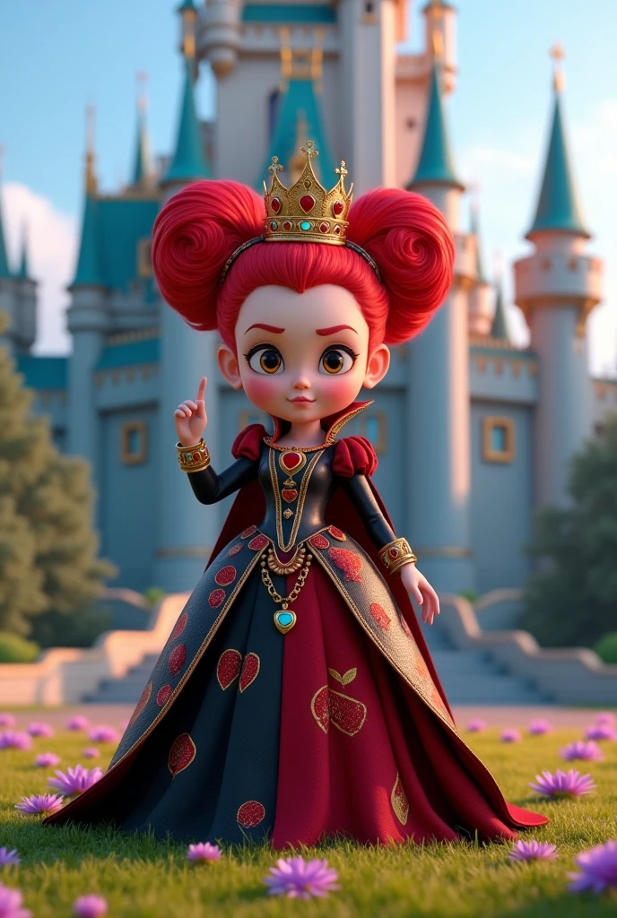  
image of the  queen of hearts: - body hair: body hairs vermelhos volumosos, stylized in a heart shape. - eyeballs: eyeballs intensos e desafiadores, with an authoritative expression. - vestimentas: Extravagant long dress in red and black, with white details. The dress is adorned with playing card patterns (hearts) and has a majestic tail. - tails: An elaborate crown on top of the head, decorated with precious stones or playing cards. - stance: standing, with one hand raised as if about to give orders or make a dramatic gesture. fund: - The majestic castle in the background is light blue, with tall towers and gold details. Purple flowers decorate the lawn in front, adding a magical touch to the scene. Image real and pixar 3d
