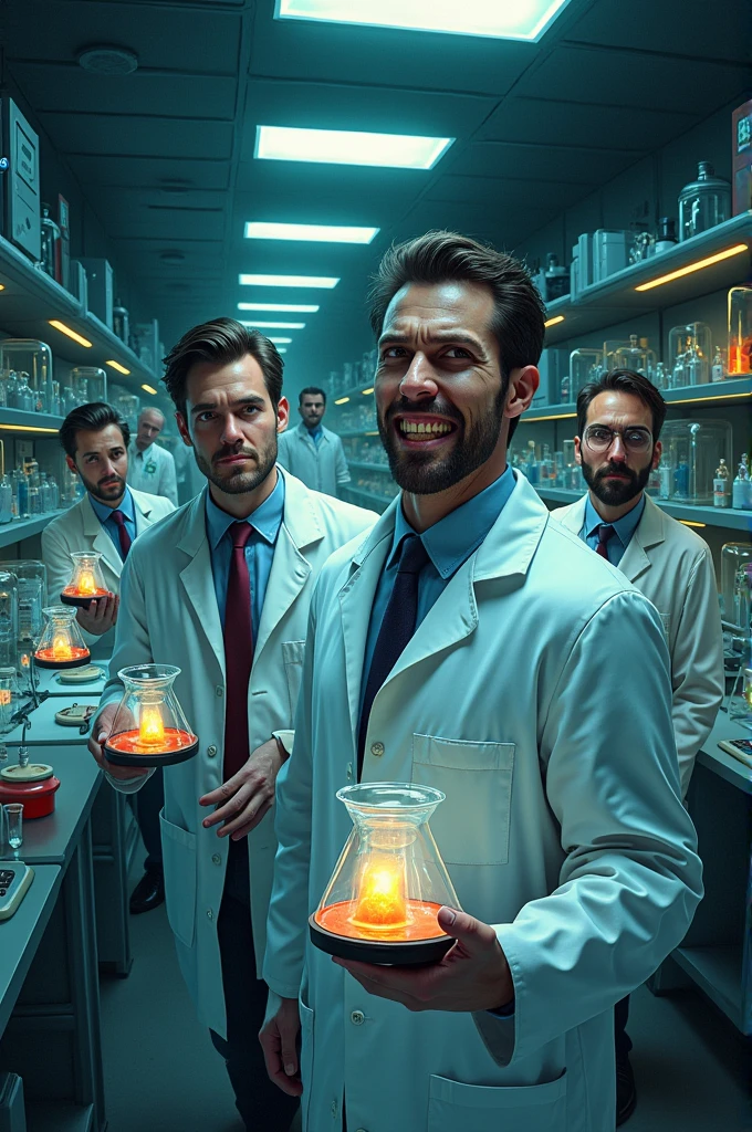 Pathology lab with highly equipped instruments. There are some scientists who have evil smile in face holding a conical glass