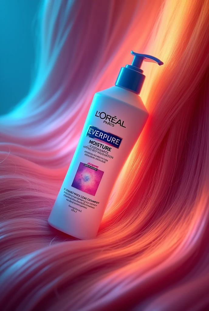 A close-up shot of vibrant hair strands with glowing light effects showcasing the new "L’Oréal Paris EverPure Moisture Shampoo" bottle in the foreground.