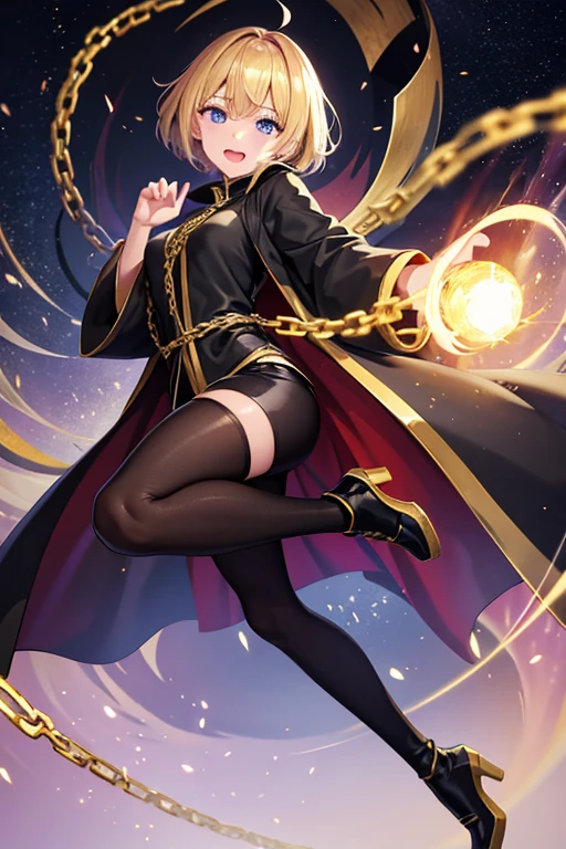 Anime Art、Full body portrait、Dark basement、Attacking with golden chains、The person fighting is a female wizard, about 160cm tall and about , wearing a black long-sleeved robe and black leather shorts.、The hairstyle is a wide short cut、Blonde、Laughing with mouth open、Fished out eyes、Blue eyes with the light gone、Gold Hair Ornament、Long boots with thick soles、Black tights