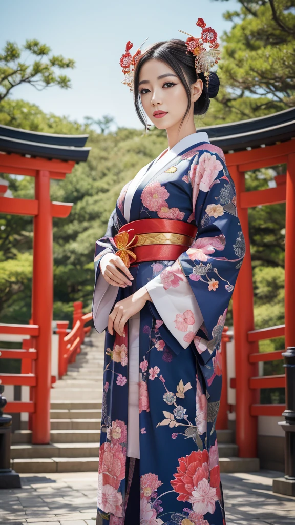 In a futuristic scene, Mechanically Enhanced Japanese Geisha、The elegance of elaborate gardens. She has beautiful delicate eyes and lips that complement her face. Geisha wear traditional kimonos with intricate patterns and designs. Around her are bright torii shrineThis scene is a fusion of illustration and photorealism, Extremely detailed and clear brushwork, Vibrant colors. The lighting accentuates the geisha's elegant features, Gives porcelain skin a soft glow. The artwork is of the highest quality, 4K or 8K resolution, Showcasing the intricate details of geisha costumes, Cherry tree, And the glittering scales of the carp. The overall color scheme is、A combination of traditional Japanese colors, crimson, wait., , Subtle gold accents, With a futuristic twist. The fusion of ancient traditions and modern technology、Create compelling and visually striking masterpieces.Shoulders are exposed, 胸がappear、I can see the valley、appear、Exposed shoulders 1 person, The hairstyle is a bob cut