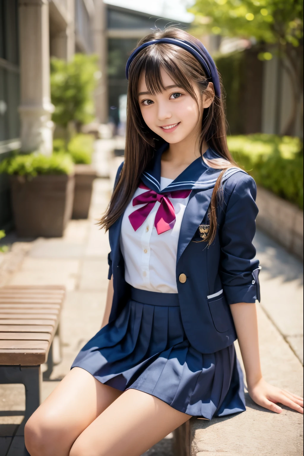 1 young girl,very cute and beautiful japanese teen actress,highly detailed beautiful face,looking at viewer,smile,happy,
sailor school uniform,pleated blue mini skirt,detailed legs,hair accessory,school bag,
school courtyard,sitting on bench,
solo,real person,photorealistic,8k,raw photo,