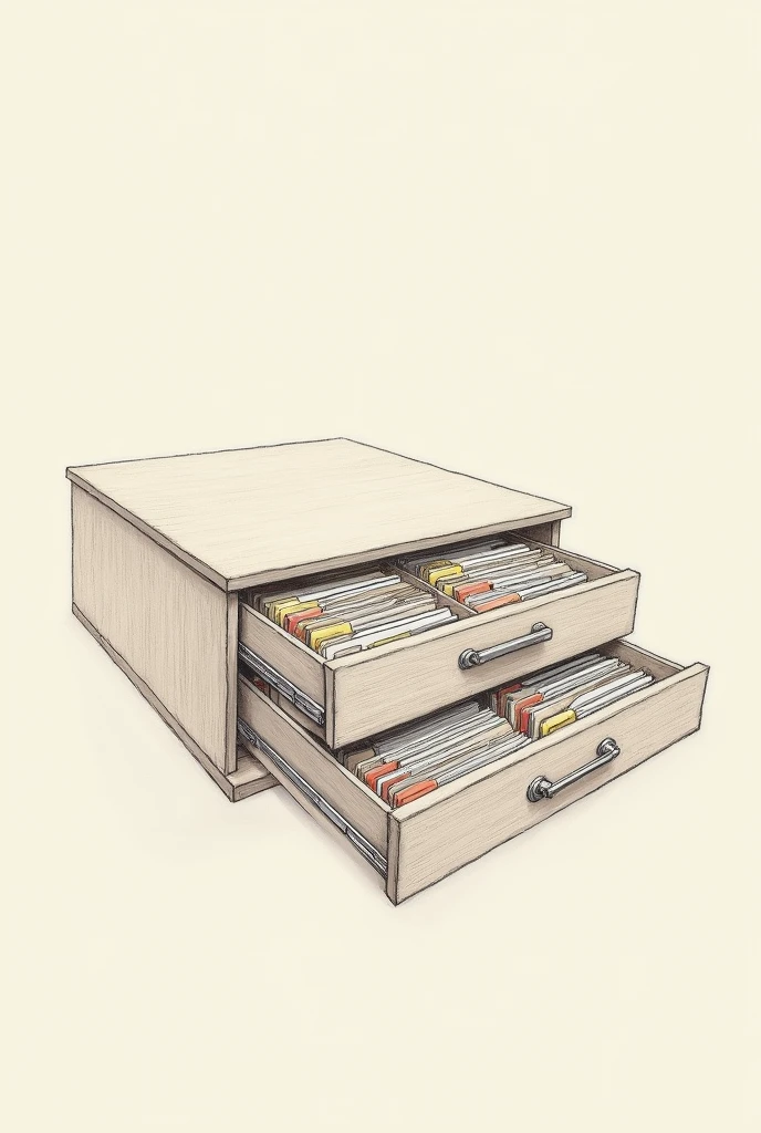 Make a drawing of a drawer that has files inside and where you can see the secondary guide that subdivides the main guide. 
