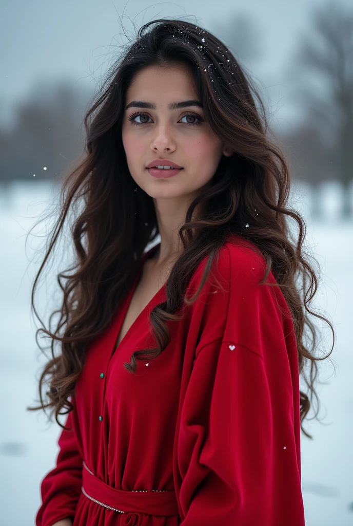 A pakistani girl name iman ali in red dress in cold weather wear pants