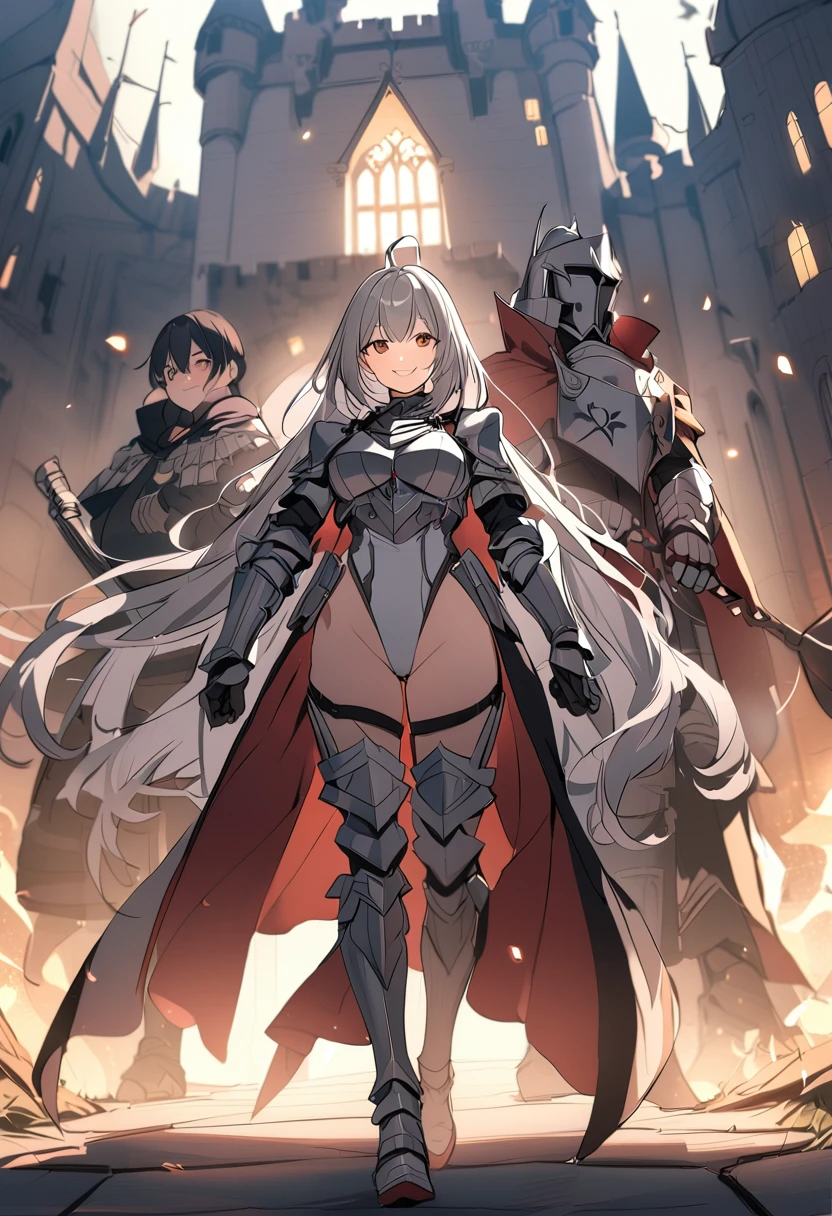 Woman knight、a beauty girl、huge tit、Excellent style、Nice Buddy、glamorous、leotard、s Armor、Bra chest armor、knee boots、gauntlets、hair adornments、silber hair、Longhaire、Ahoge、a medieval castle、is standing、full body seen、Outside the castle、natta、a smile、slightly open mouth