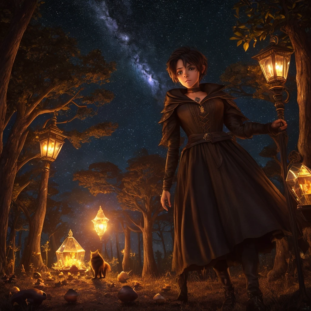 a beautiful witch with amber brown eyes, small slanted eyes, a small mouth, pale skin, a pixie cut shaved black hair, an eyebrow piercing, an ear piercing, gazing into a luminous crystal ball, in a nighttime forest, with an owl nearby, mushrooms scattered on the ground, a black cat, a starry sky with a waning moon, her dark-skinned boyfriend with curly brown hair and full lips standing behind her, (best quality,4k,8k,highres,masterpiece:1.2),ultra-detailed,(realistic,photorealistic,photo-realistic:1.37),dark composition,dark illuminated,ângulo aberto