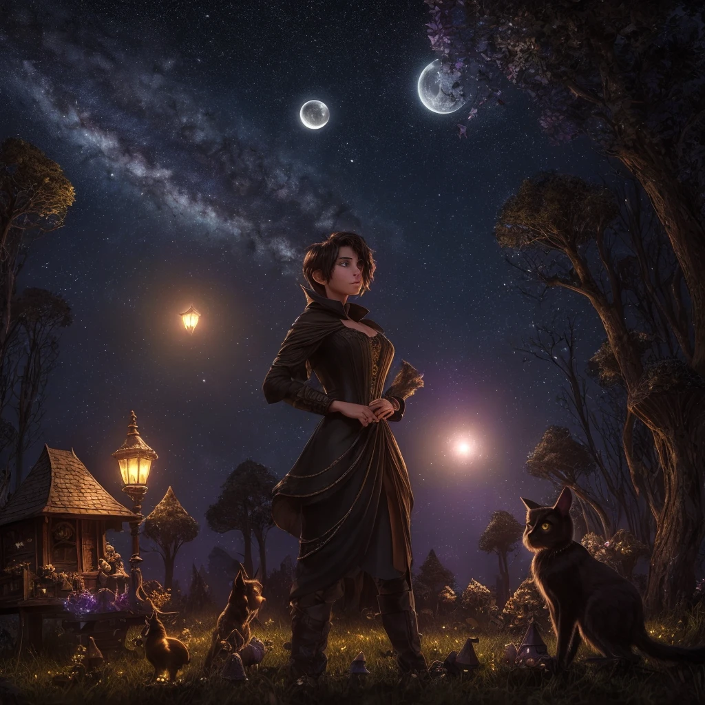 a beautiful witch with amber brown eyes, small slanted eyes, a small mouth, pale skin, a pixie cut shaved black hair, an eyebrow piercing, an ear piercing, gazing into a luminous crystal ball, in a nighttime forest, with an owl nearby, mushrooms scattered on the ground, a black cat, a starry sky with a waning moon, her dark-skinned boyfriend with curly brown hair and full lips standing behind her, (best quality,4k,8k,highres,masterpiece:1.2),ultra-detailed,(realistic,photorealistic,photo-realistic:1.37),dark composition,dark illuminated,ângulo aberto