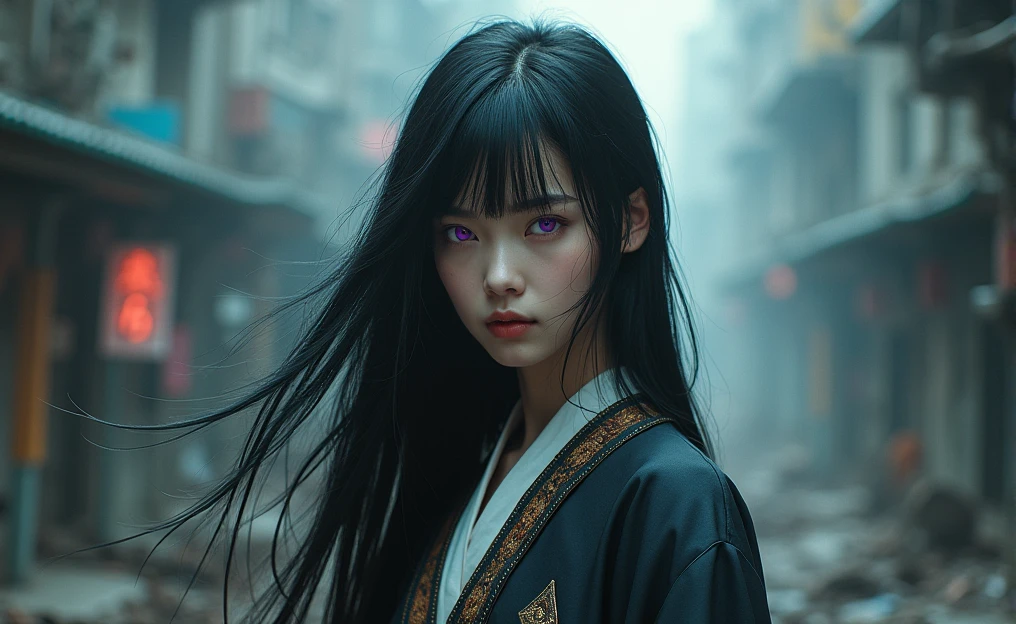 A girl with long black hair, expressive eyes in a deep purple color, wearing some kind of traditional clothing, The girl looks so perfect that she seems created, with pale porcelain skin, perhaps thinking of himself as a robot, In a cyberpunk environment, the style is semi realistic
