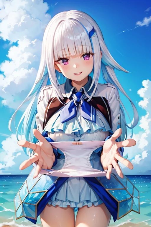 Highest quality, White stained panties,presentingpanties,blue panties, holding,holding panties,Big Breasts, A seductive smile,Splashing