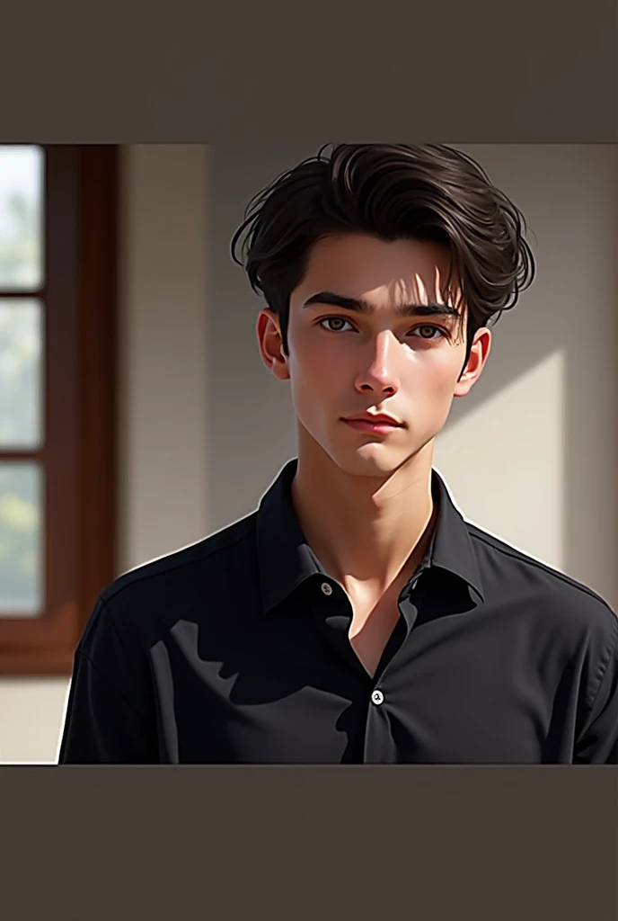18 years Young boy, no beard, black hair, fair skin, brown eyes, young facial features, smooth face, photorealistic, potrait