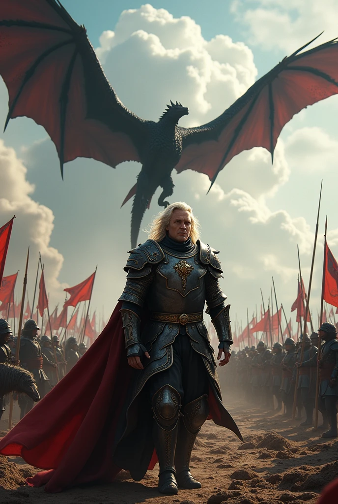 Create a detailed image of Aegon Targaryen on the battlefield with his black dragon flying in the sky