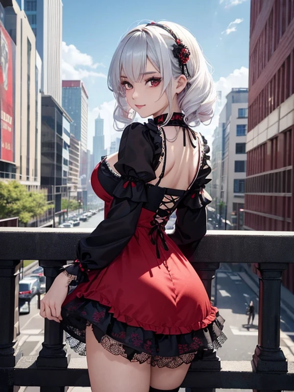 ( A 23-year-old gothic punk girl, beautiful Asian woman with White hair in curls and coils) (looking back at the viewer) (sexy blood red mini dress gothic ta costume), beautiful blue eyes)),(solo),((masterpiece, highest resolution, best quality)), (beautiful illustration),( blood red gothic Loliostume), (looking back at the viewer), smile, cinematic lighting, , big city, flowers, buildings, dark sky