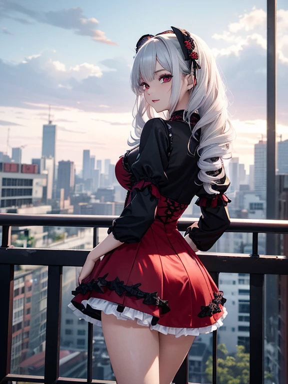 ( A 23-year-old gothic punk girl, beautiful Asian woman with White hair in curls and coils) (looking back at the viewer) (sexy blood red mini dress gothic ta costume), beautiful blue eyes)),(solo),((masterpiece, highest resolution, best quality)), (beautiful illustration),( blood red gothic Loliostume), (looking back at the viewer), smile, cinematic lighting, , big city, flowers, buildings, dark sky