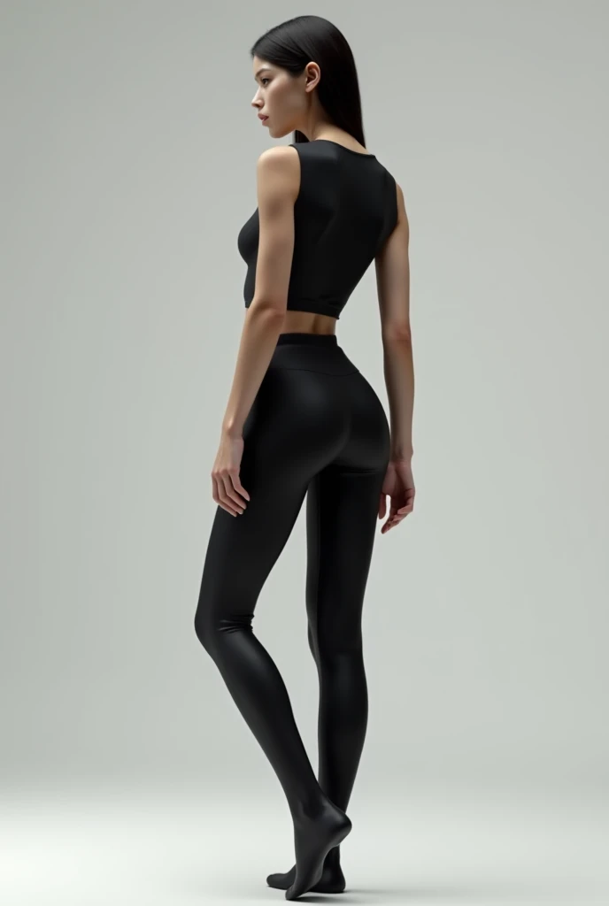 Make a slim man, with a small top and black leggings, showing her butt