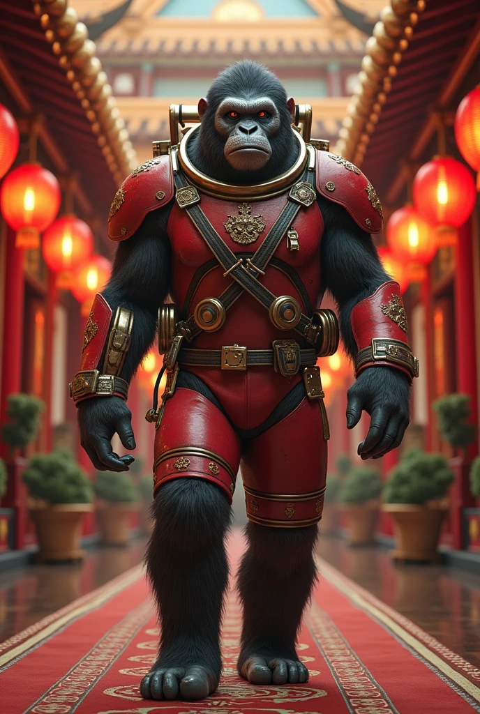 a highly detailed ape wearing a spacesuit, extremely detailed and realistic, photorealistic, cinematic lighting, beautiful intricate background with Chinese emperor palace, stunning vibrant colors, dynamic composition, award winning photograph, 8k, ultra detailed