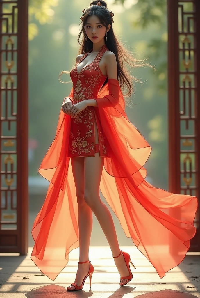 The girl next door,,Beautiful Girl,Hanfu short skirt,whole body,High heel
