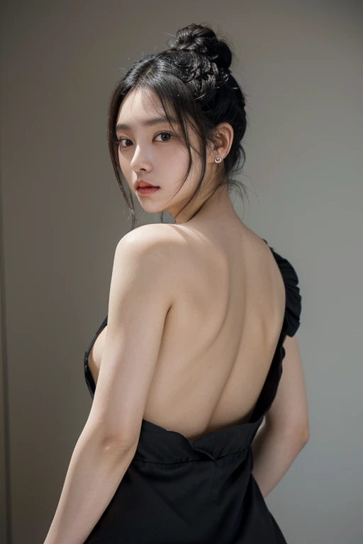 (22 year old Japanese beautiful girl,), (Small breasts:1.5,),(solo,Textured skin, Detailed skin,Detailed face,Detailed eyes,detailed posing,Natural eyebrows,High detail, Highest quality, Super detailed, Surrealism, ,8k,RAW Photos,Photographicism,Professional Lighting,Ray Tracing,Aperture F1.2,Portrait Photography,Natural Light),(((Black Hair, Natural Makeup,Simple earrings,Braided topknot, ))),(((naked,apron,Back view,turn around
)))