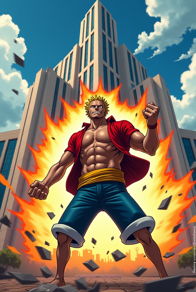 Make a meme of the Indonesian DPR building with Garp on it(one piece) who wants to punch a building with the power of his galaxy impact