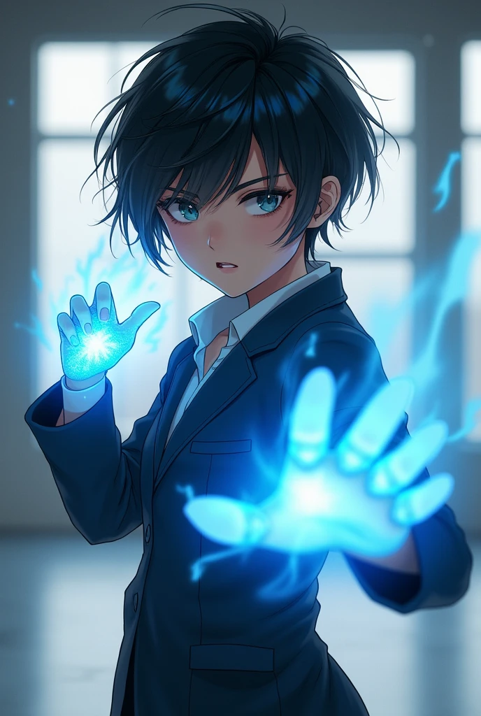 Generate a girl but she is a tomboy and short hair and wear corporate uniform and white face and have a blue aura in their hands and can do the martial arts 