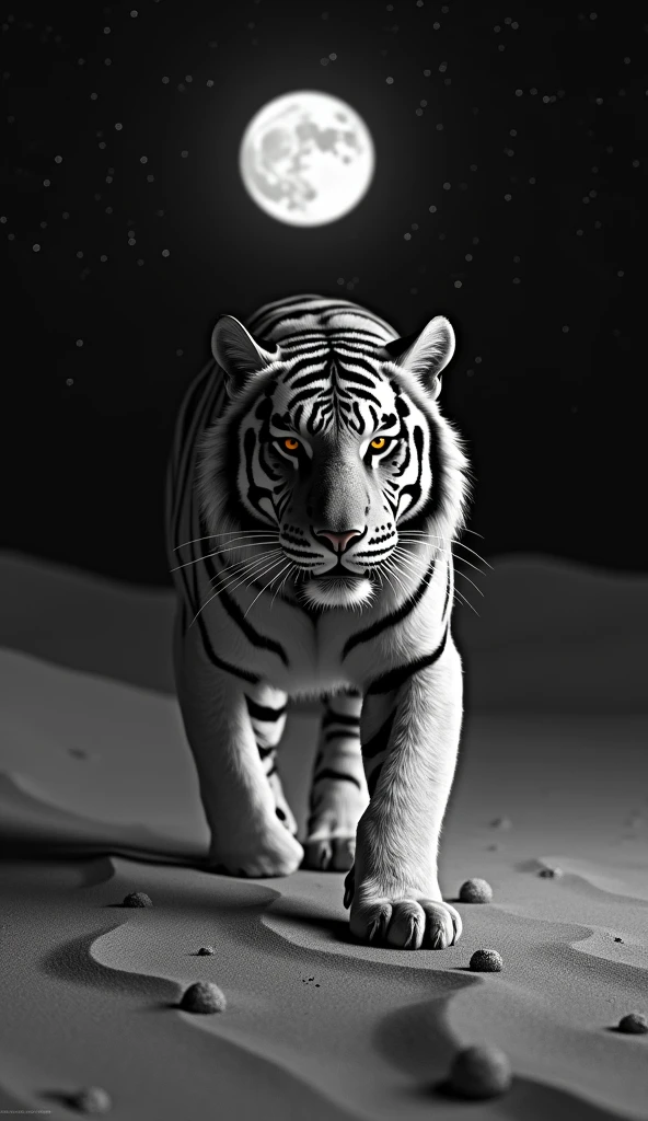 a black and white striped tiger in the desert, it is night and the sky is bright with stars, you can see the moon in the starry sky.
