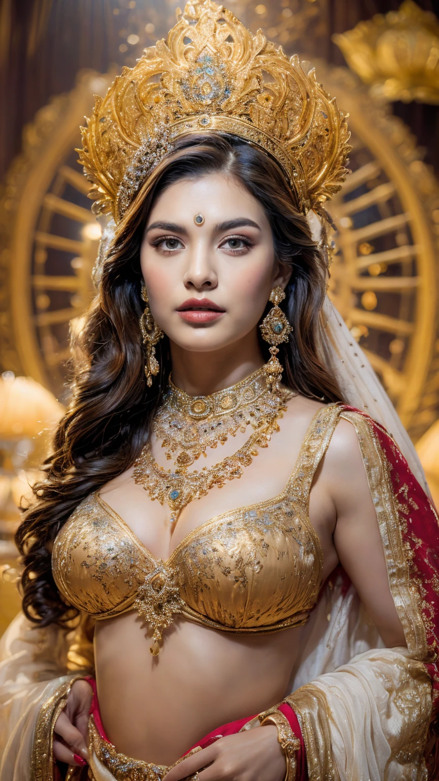 ((Best quality, 8k, Masterpiece :1.3)), Sharp focus :1.2, Generate a realistic image of a beautiful sexy Indian woman plus size body: 8.5 (masterpiece like a princess) (body like divine girl) dressed divine clothes white skirt and print bra, adorned with traditional ornaments, standing in a well-lit room with cinematic lighting. ((Front view, random elegant pose)), and there is a sense of grace and elegance in her posture. The background should complement the scene, enhancing the overall aesthetic appeal of the image. Photography by Brandon Woelfel, Full shot: Canon EF 16-35mm f/2.8L III USM lens on a Canon EOS 9D Mark IV camera 128bit, ultra realistic, 32k, HD