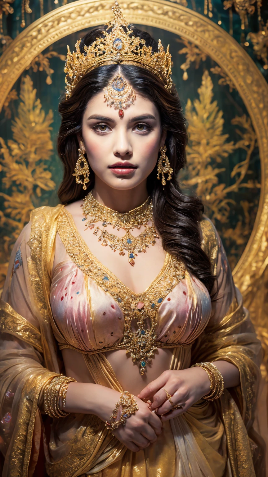 ((Best quality, 8k, Masterpiece :1.3)), Sharp focus :1.2, Generate a realistic image of a beautiful sexy Indian woman plus size body: 8.5 (masterpiece like a princess) (body like divine girl) dressed divine clothes white skirt and print bra, adorned with traditional ornaments, standing in a well-lit room with cinematic lighting. ((Front view, random elegant pose)), and there is a sense of grace and elegance in her posture. The background should complement the scene, enhancing the overall aesthetic appeal of the image. Photography by Brandon Woelfel, Full shot: Canon EF 16-35mm f/2.8L III USM lens on a Canon EOS 9D Mark IV camera 128bit, ultra realistic, 32k, HD
