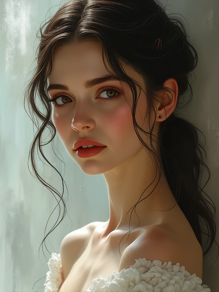 An ultra hot gorgeous European woman. Age 23. high quality, highly detailed, illustration, impasto, canvas, oil painting, fantasy,