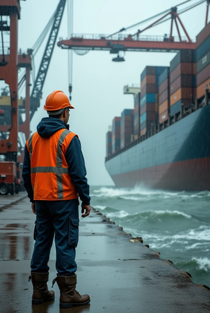 A worker, at the dock, wearing safety equipment, looking at container unloading, container crane equipment, high waves, heavy rain, high realistic photo, high detail