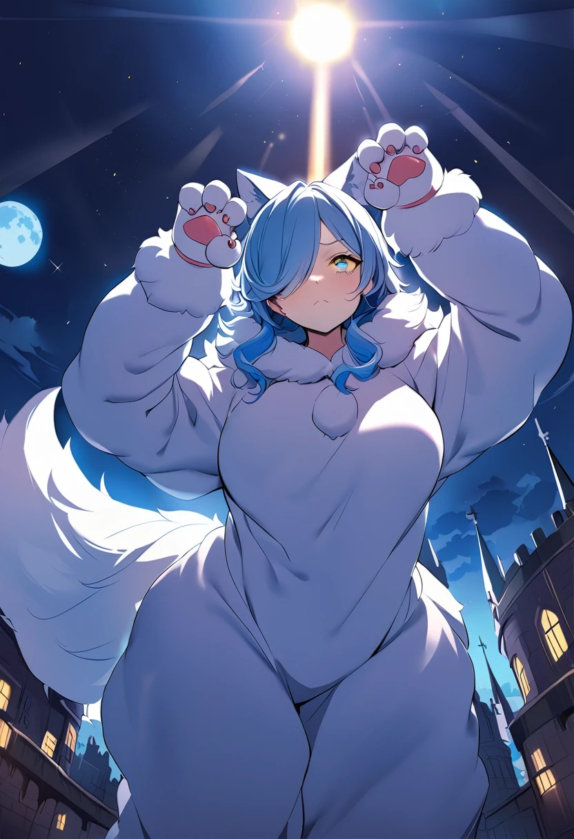 ((best quality, high-quality)), In anime style, ((Wolf Kemomimi Girl)), Solo, ((Big breasts)), ((Mizuiro Hair Berry Berry Short,Blue inner color)), (((Hair over one eye))), (((Yellow and Blue Odd-Eye:1.5))), plump shiny lips, Beautiful clear eyes, Spoken Heart,(((Fluffy, Big Hand Wolf Costume:1.5))), embarrassed, (dynamicposes:1.4), (((Show me your paws, Gao's Pose:1.5))), (Suspicious light, rays of moonlight:1.4), (Moon and castle background), (Blue Full Moon:1.2), Fantasy Worldwide, high-angle shot, masutepiece,Best Quality,ultra-detailliert, ​masterpiece,