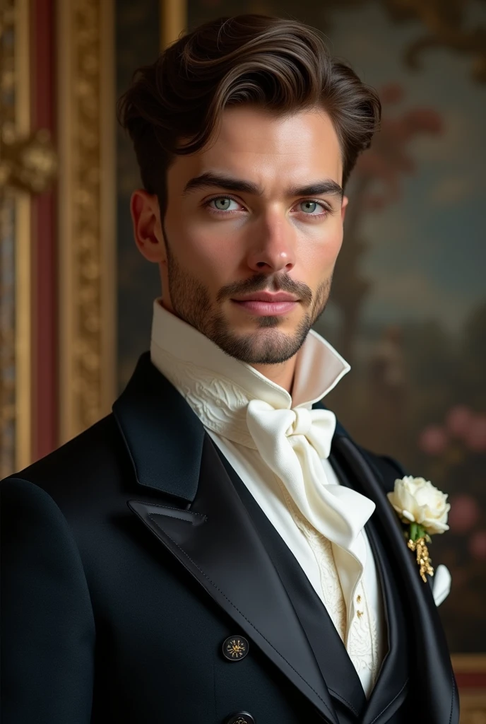 30 year old handsome prince of Monaco, sexy, manly, vigorous Victorian era. With eyes as blue as the sky, big and beautiful eyelashes and skin as white as milk with a perfect face with a kind smile and extremely neat affection and wearing his gala suit according to the year 1847 Victorian era. 