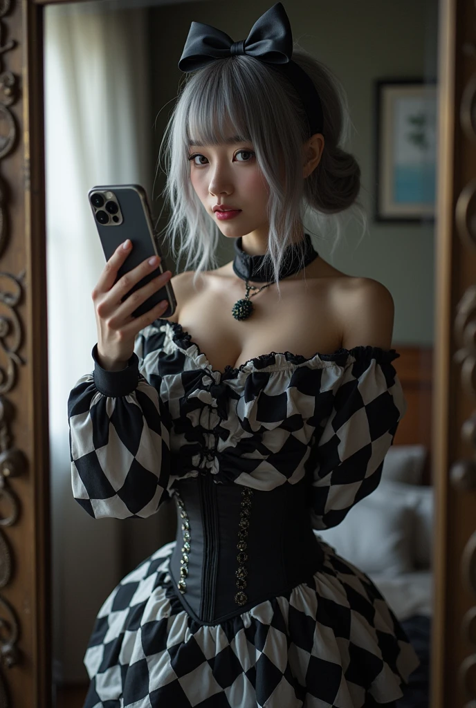 highly detailed, beautiful, hyper Realistic girl, masterpiece, best quality, Depict a mysterious and sophisticated beautiful Japanese gravure model,, 28-years-old, identity hidden, all body shot, / gray arranged hair, small head, Detailed face, Duck mouth, perfect beautiful Tooth, arranged gray hair, shiny eyes, Detailed blue-colored eyes, Realistic skin, Detailed face, sexy Pierrot Costume, Opt for a fitted corset bodice with black and white diamond patterns, accentuating the waist, Layer with a ruffled, off-the-shoulder blouse in contrasting black and white hues, adorned with oversized bows for a whimsical touch, Pair with high-waisted black Leggings, featuring exaggerated ruffles or pleats for added volume and drama, Accessorize with black and white striped stockings or tights, and patent leather ankle boots with oversized buckles for a modern twist on classic clown footwear, //// Monotone simple modern taste single room, mirror, complicated background /// takes a selfie in her room using a smartphone in front of a mirror with one hand, standing and fashion model Posing, looking away from the camera,
