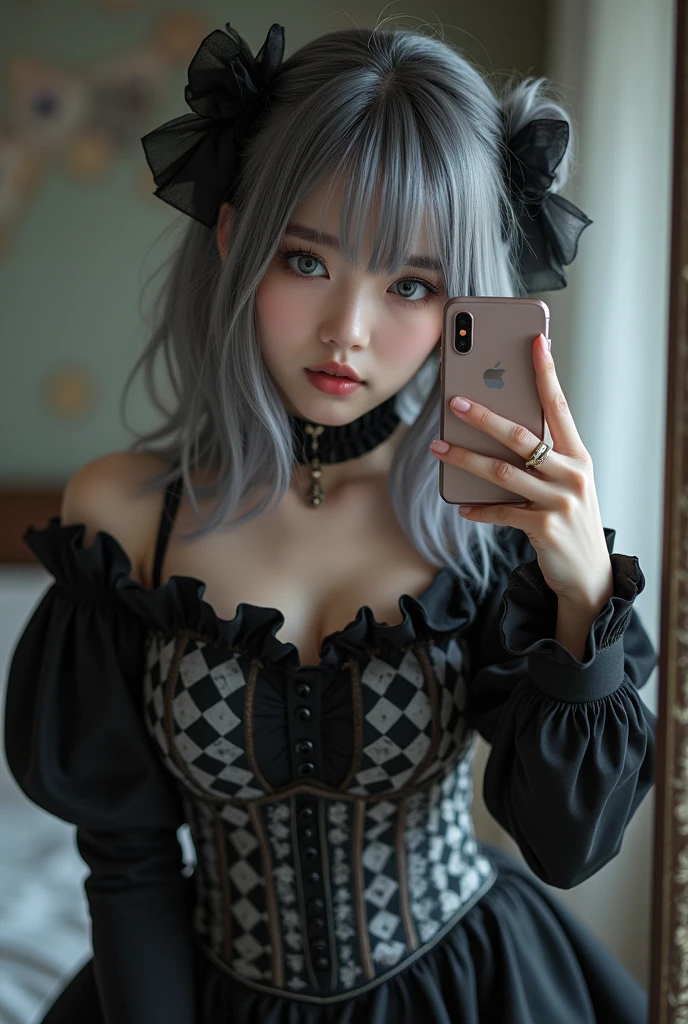 highly detailed, beautiful, hyper Realistic girl, masterpiece, best quality, Depict a mysterious and sophisticated beautiful Japanese gravure model,, 28-years-old, identity hidden, all body shot, / gray arranged hair, small head, Detailed face, Duck mouth, perfect beautiful Tooth, arranged gray hair, shiny eyes, Detailed blue-colored eyes, Realistic skin, Detailed face, sexy Pierrot Costume, Opt for a fitted corset bodice with black and white diamond patterns, accentuating the waist, Layer with a ruffled, off-the-shoulder blouse in contrasting black and white hues, adorned with oversized bows for a whimsical touch, Pair with high-waisted black Leggings, featuring exaggerated ruffles or pleats for added volume and drama, Accessorize with black and white striped stockings or tights, and patent leather ankle boots with oversized buckles for a modern twist on classic clown footwear, //// Monotone simple modern taste single room, mirror, complicated background /// takes a selfie in her room using a smartphone in front of a mirror with one hand, standing and fashion model Posing, looking away from the camera,