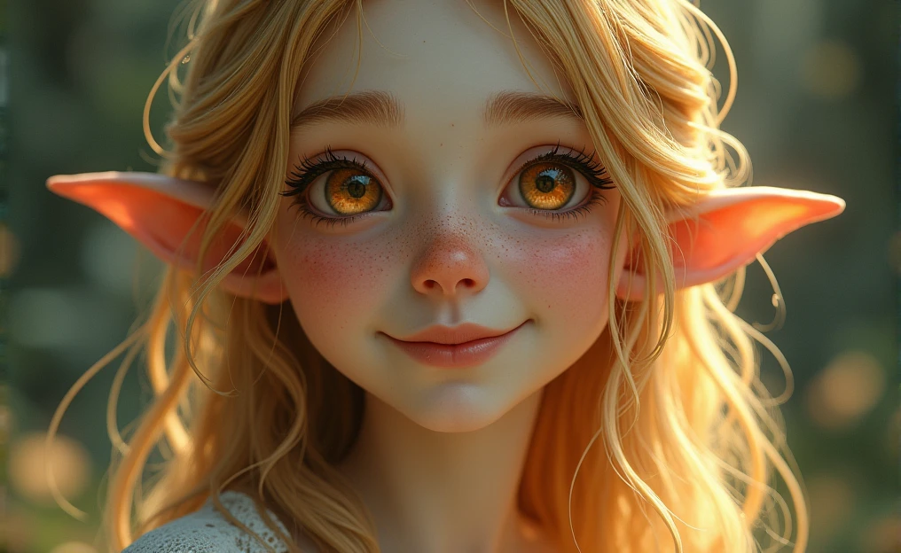 A chuckle from a pale face, delgado, with freckles on her cheeks, amber fox eyes, golden hair and a kind smile