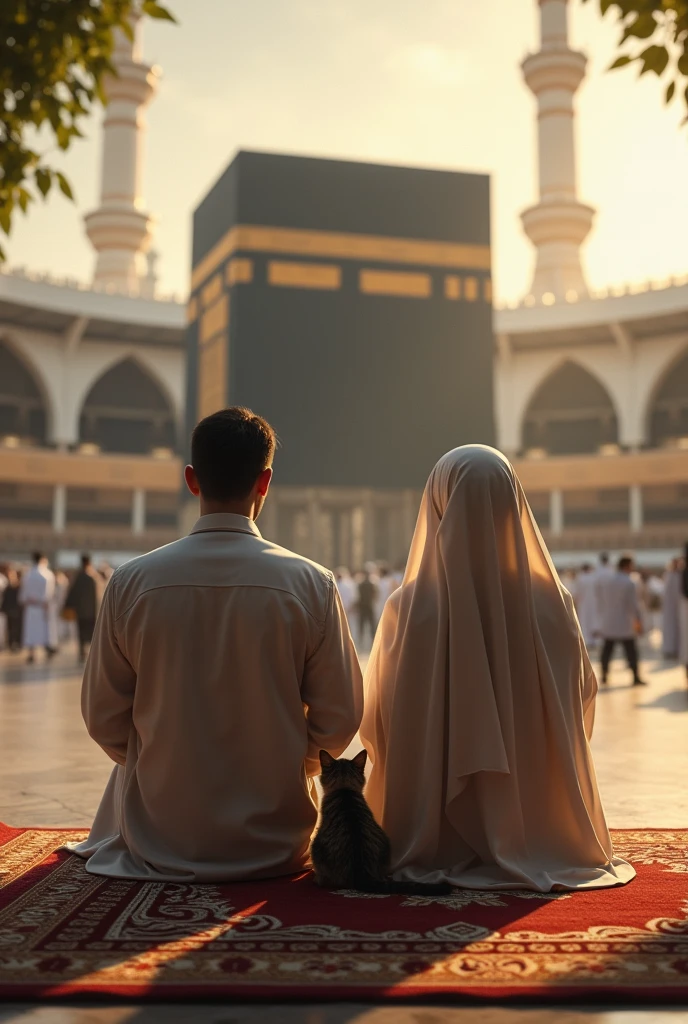 A couple with cat making dua in front of mecca