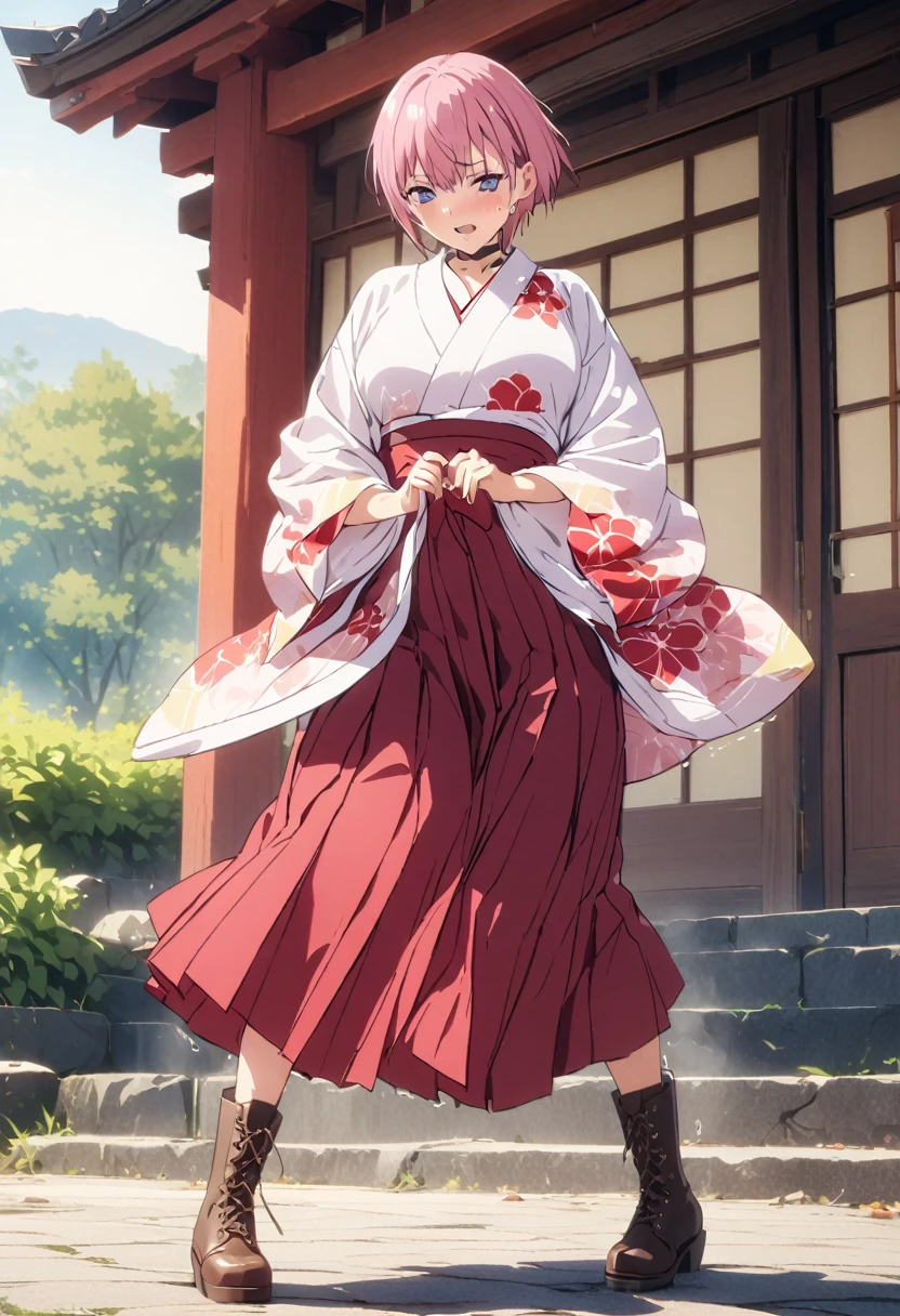 (Highest quality, 4K, 8k, High resolution, masterpiece:1.2), Very detailed, Picturesque, Animated Photography, Photo Animation:1.37)、Japanese schoolgirl、(Pink Hair)、(short hair)、stnding、meiji schoolgirl uniform, hakama, hakama skirt, japanese clothes, kimono, cross-laced footwear, lace-up boots, floral print、black choker、Ecstasy face、Sweat、Are crying、vapour、trembling、Full body photography、Nakano ichika
