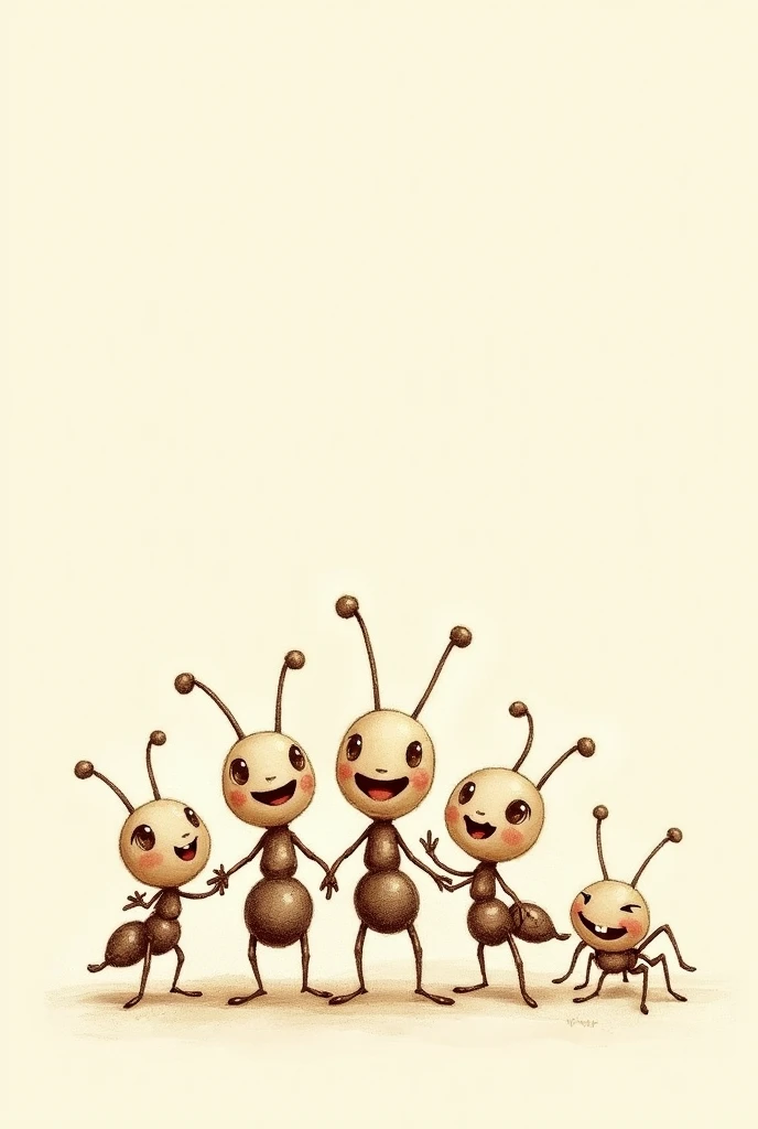 ants with cute and adorable faces standing position, drawing with pencil