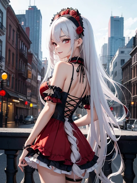  ( A 23-year-old gothic punk girl, beautiful Asian woman with long White hair in curls and coils) (looking back at the viewer) (sexy blood red mini dress gothic Lolita costume), beautiful blue eyes)),(solo),((masterpiece, highest resolution, best quality)), (beautiful illustration),( blood red gothic Lolita costume), (looking back at the viewer),  smile, cinematic lighting, , big city, flowers, buildings, dark sky