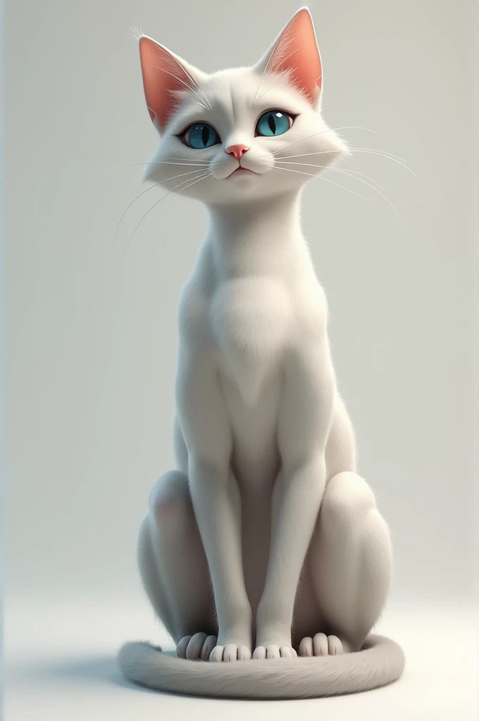 Slim female cat with big nice thighs and big breasts, light gray fur with white and cute blue eyes, whole body