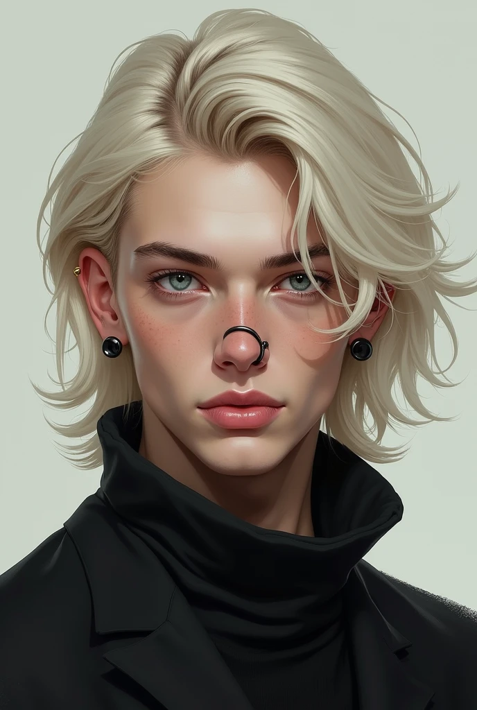 A tall 22 year old white boy with blond hair and white eyes with a black nose ring and right ear 
