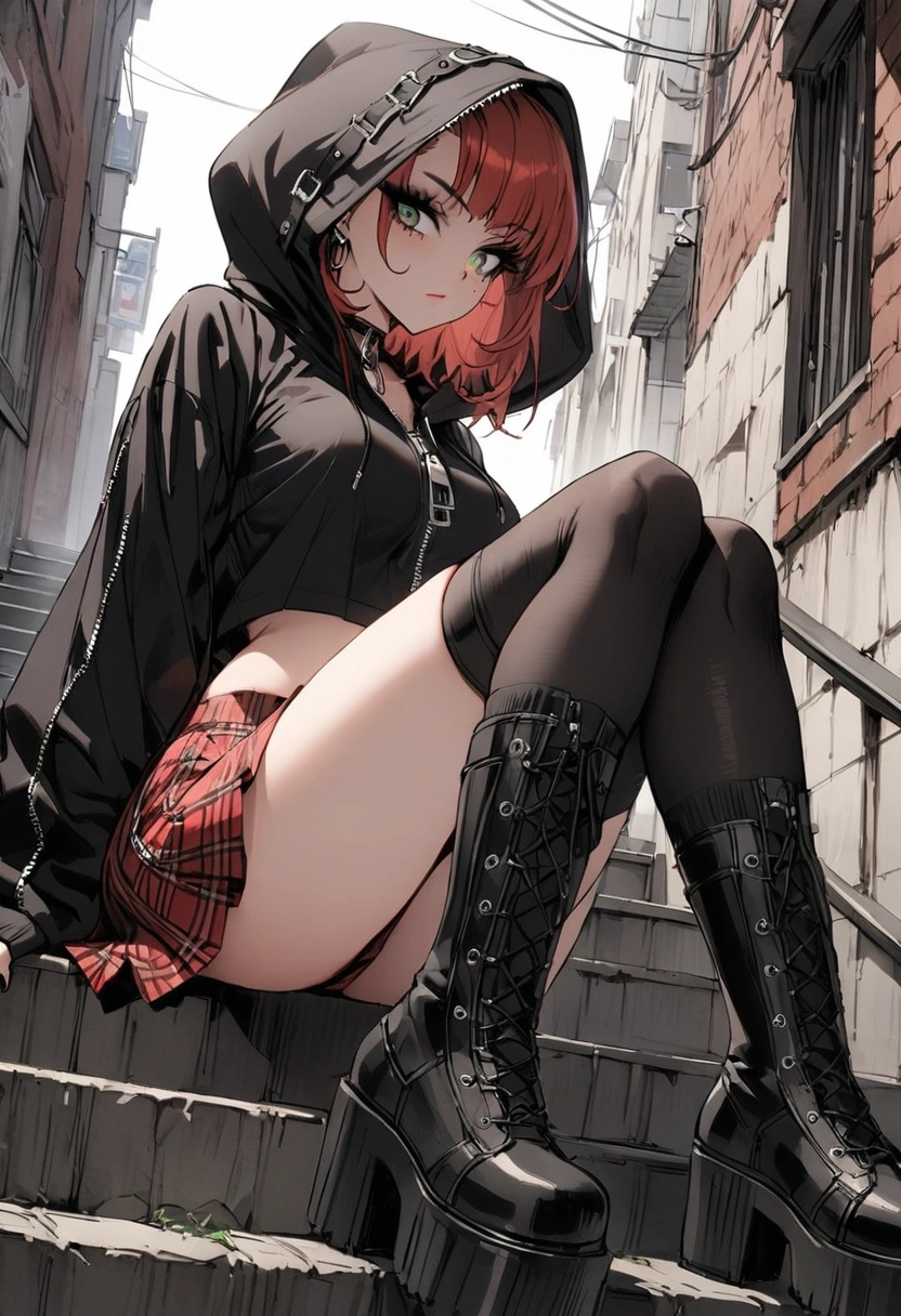 woman, stoic, curly red pixie cut hair, green eyes, black eyeshadow, wearing crop top black shirt, black oversized zip up hoodie, hood up, red plaid skirt, black knee high zipper boots, black fingerless gloves, large breasts, freckles, looking down at viewer, masterpiece, best quality, Holo-Punk Style, sitting on stairs in the city, make up, eyelashes, black stockings, legs crossed